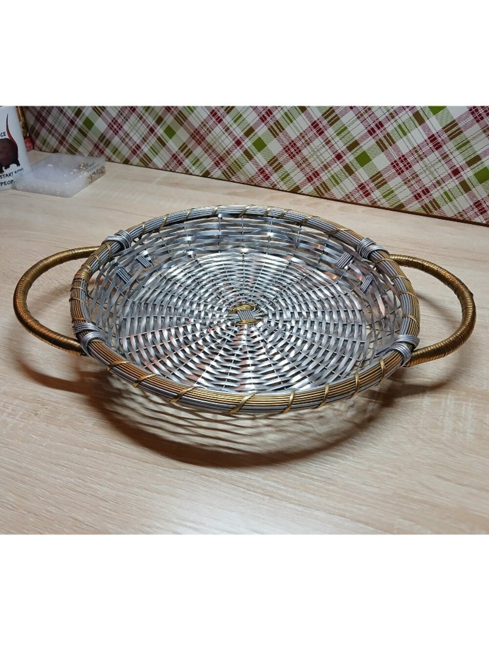 Vintage Antique Silver Aluminum Woven Basket with Brass Metal Wrapped Handles
